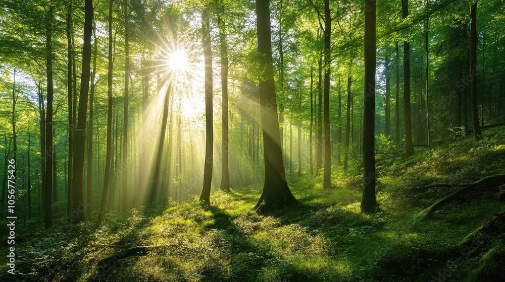 Poster expansive forest scene with sunlight filtering through the branches of the trees