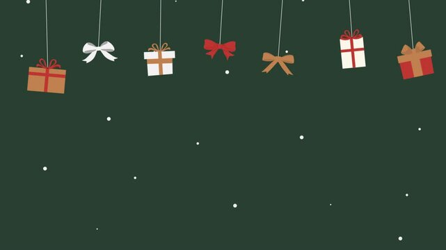 Christmas animated footage landscape with ribbon, gift, snow green background