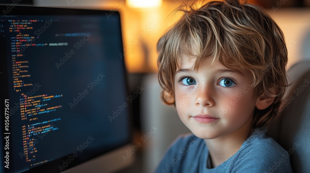 Aufkleber young boy with curly hair looks focused while coding on a computer at home.