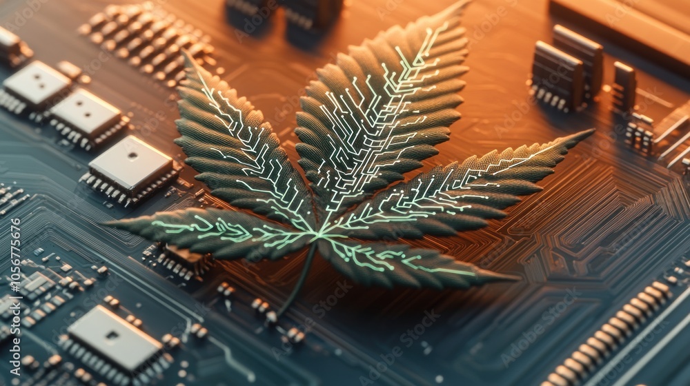 Poster The intersection of nature and technology a leaf on a circuit board symbolizing innovation