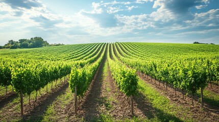 Fototapeta premium Vast green field featuring rows of grapevines ready for harvest producing premium quality grapes for winemaking