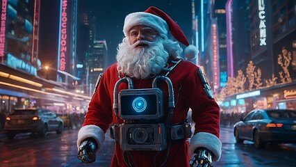  A futuristic Santa Claus walking through a busy city street.