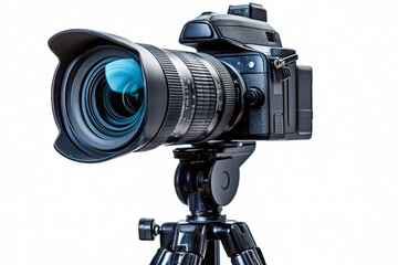 filming camera on tripod isolated at white background