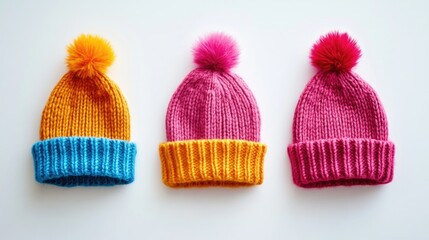 Three vibrant knitted pompom beanies against a white background representing winter fashion and accessories
