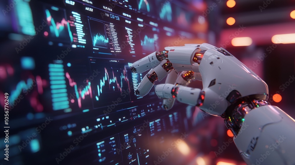 Poster robotic hand interacting with stock market data on a computer screen