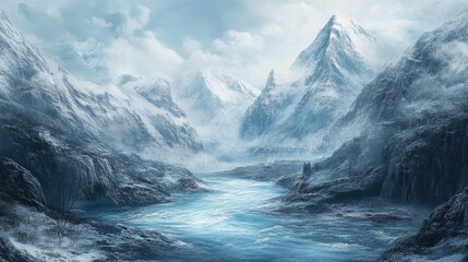 Stunning glacier river surrounded by majestic snowy mountain landscape