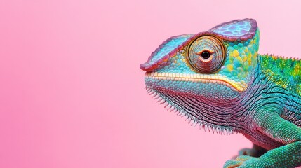 Fototapeta premium Colorful chameleon in full body framed to the right against a pink background