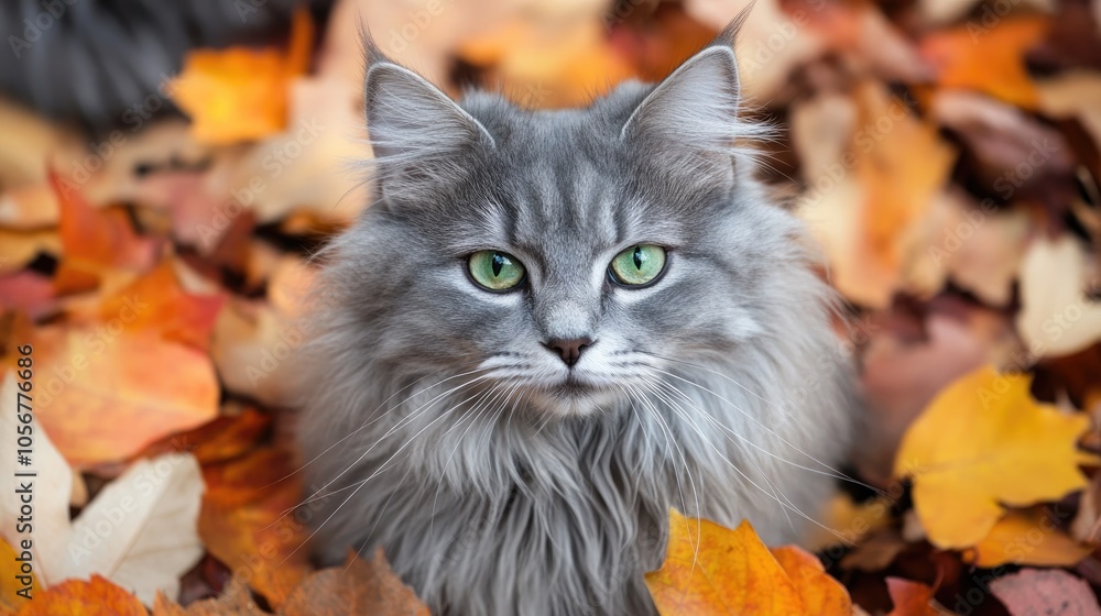 Poster close up portrait of a fluffy gray cat with green eyes amidst fallen autumn leaves in a natural sett