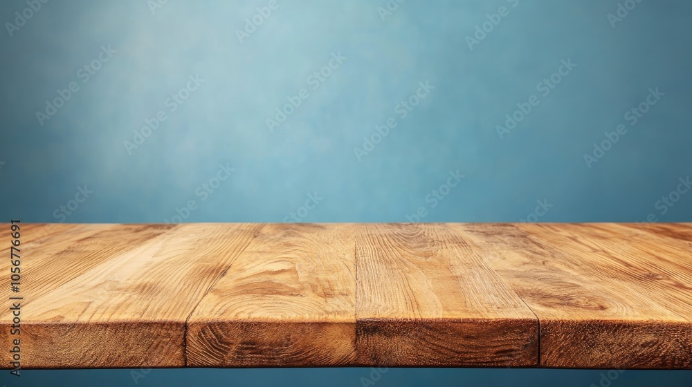 Poster wooden table against a blue gradient backdrop featuring ample copy space high quality image