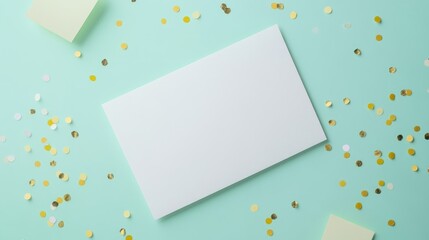 White card invitation mockup on a pastel mint backdrop featuring soft yellow and light green confetti perfect for a festive celebration