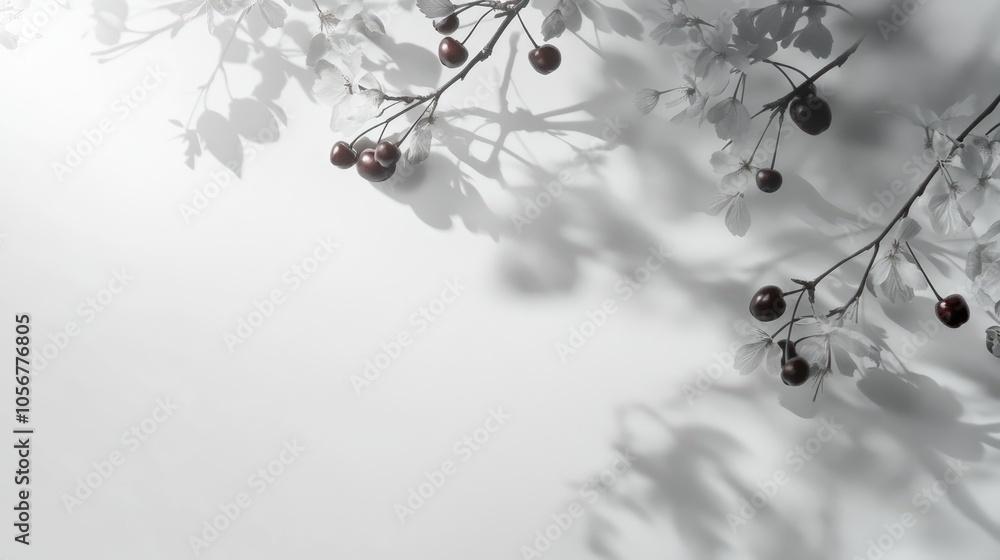 Poster Soft overlay blur enhances a natural light image featuring gray shadows of cherry tree branches and cherries against a white backdrop Abstract neutral nature concept for design use