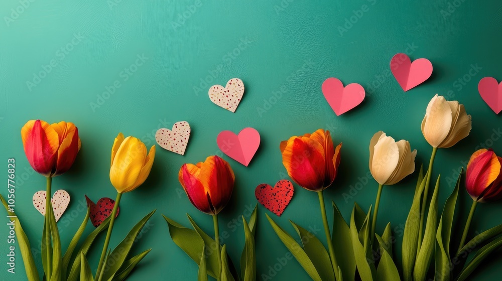Poster spring tulip flowers arranged with paper hearts on a green tabletop for a cheerful greeting card des