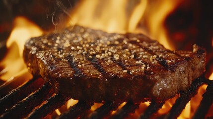 Close up of grilled steak with flames showcasing a mouthwatering outdoor cooking experience