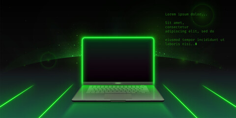3d green neon laptop screen dark digital mockup. Blank office pc concept front design template on table with led line light. Portable business mock up for futuristic technology website with sparkle