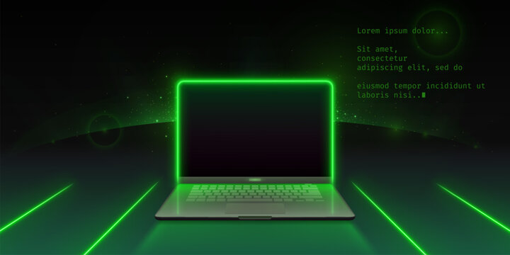 3d green neon laptop screen dark digital mockup. Blank office pc concept front design template on table with led line light. Portable business mock up for futuristic technology website with sparkle
