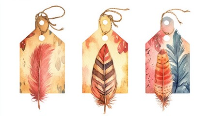Watercolor Illustration of Three Tags with Feathers