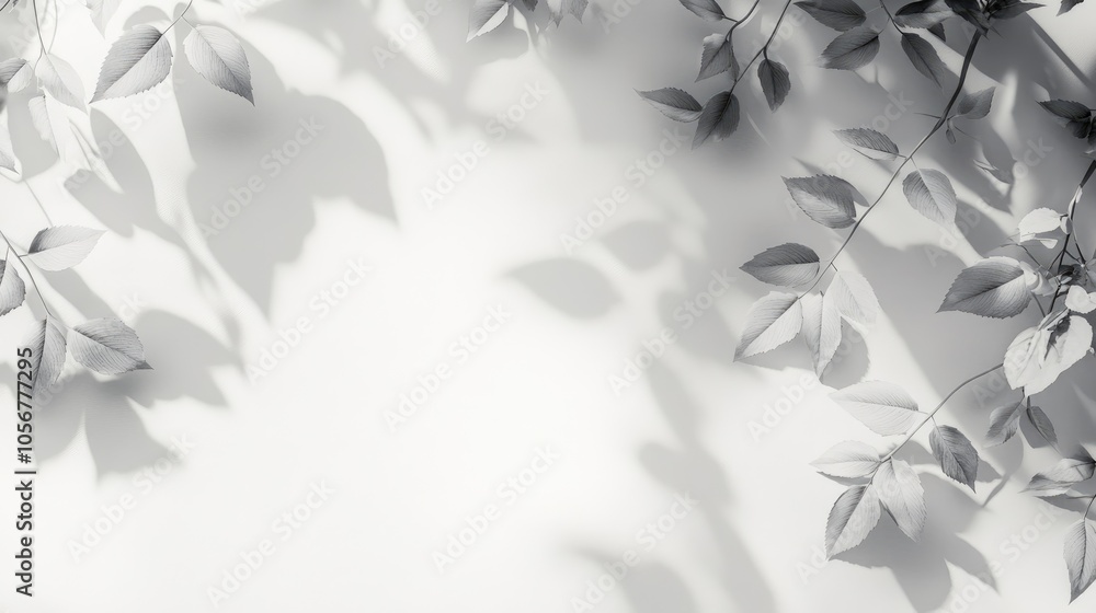 Poster gray shadow of wild rose leaves casts on a white wall creating an abstract neutral nature themed blu