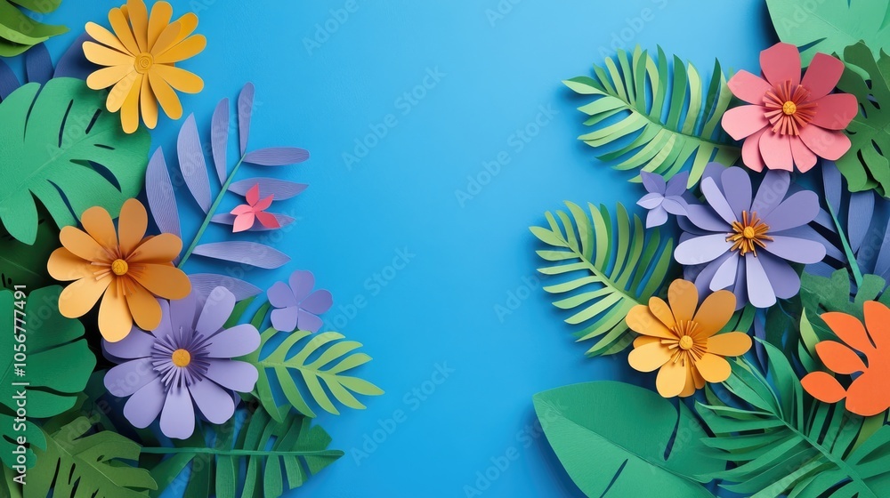 Poster top view of vibrant paper cut flowers and green leaves against a blue backdrop featuring ample empty