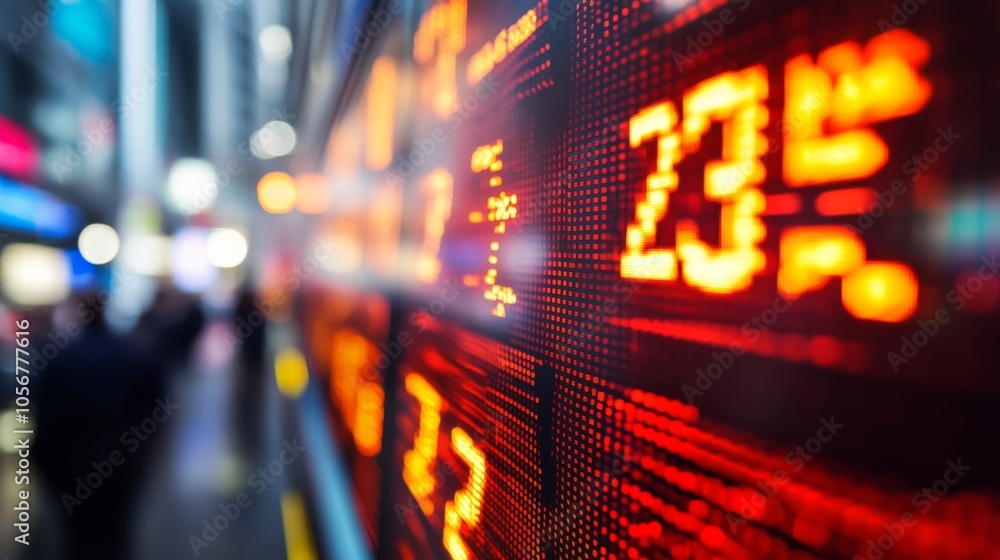 Poster close-up of a red led display showing numbers in a blurry urban setting