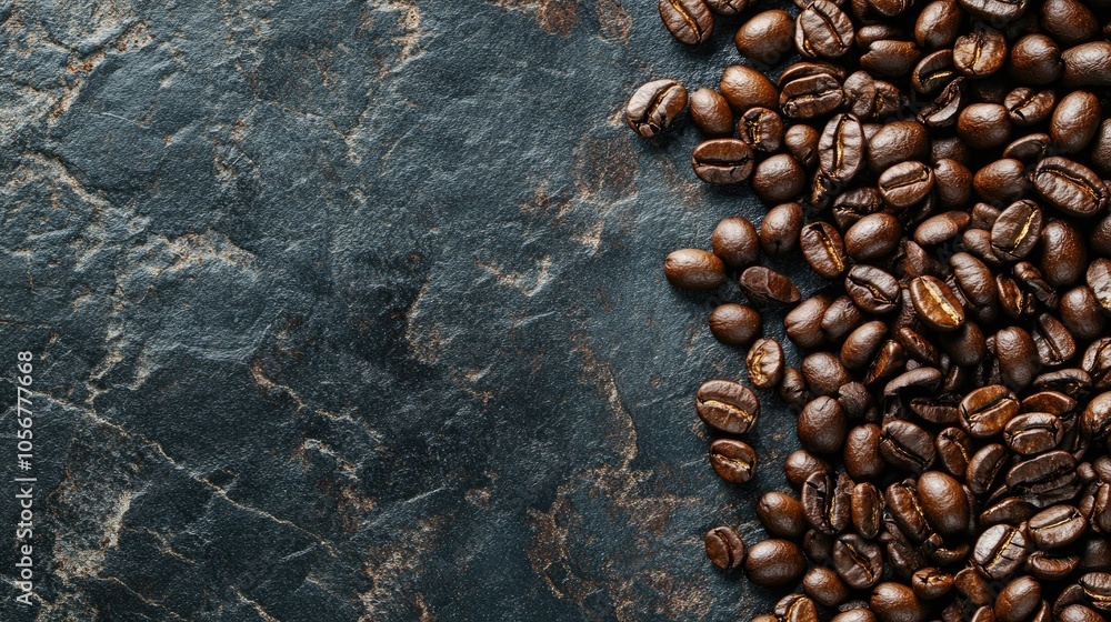 Poster close up of fresh roasted coffee beans on a dark stone surface a top view flat lay with ample space 