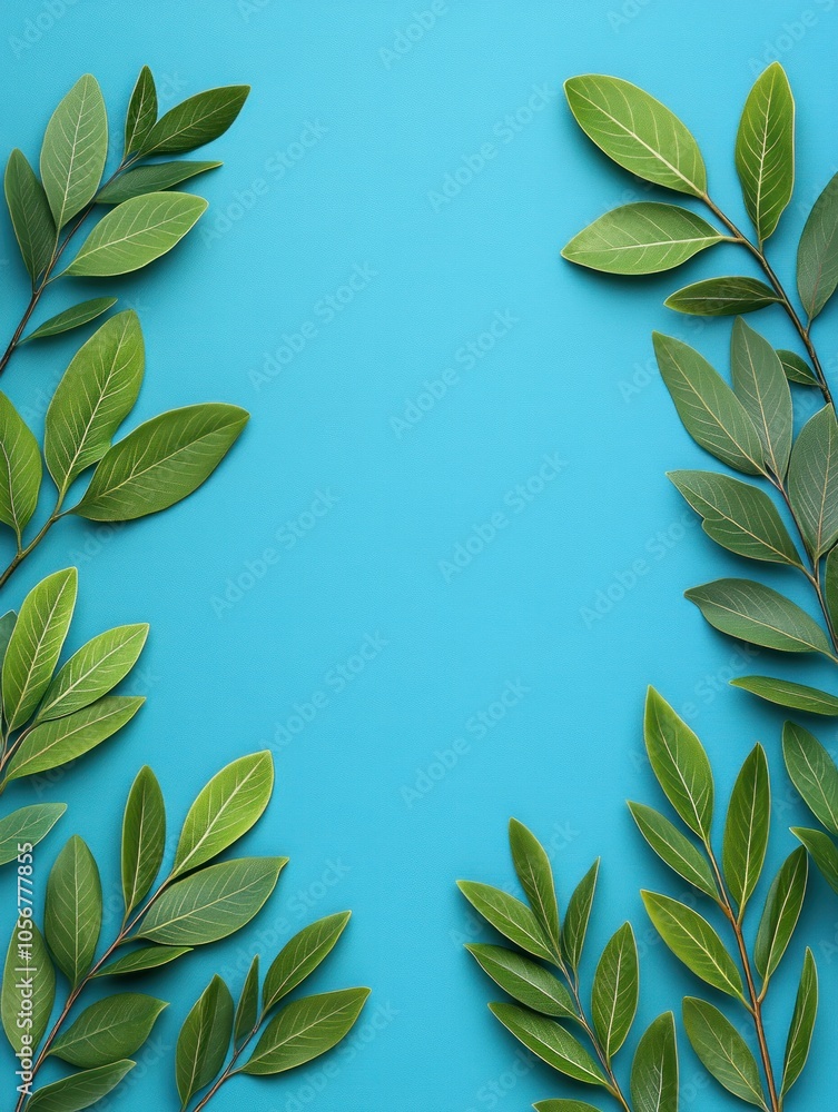 Poster vibrant green leaves on a blue background creating a refreshing nature aesthetic for design and phot