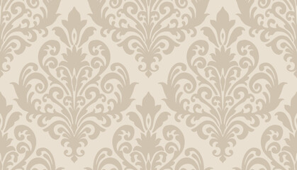 Light beige damask floral pattern with subtle symmetrical swirls on a pale background. Damask seamless pattern.