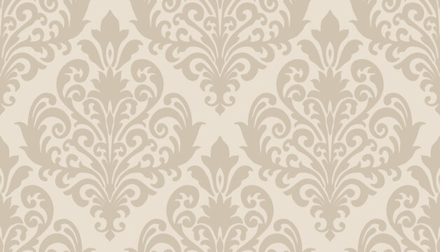 Light beige damask floral pattern with subtle symmetrical swirls on a pale background. Damask seamless pattern.
