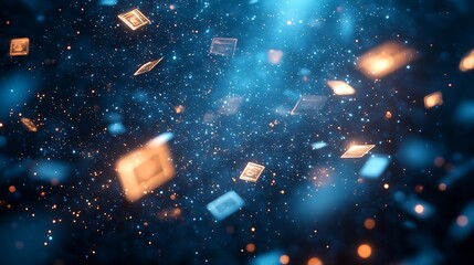 A dark background with glowing blue data particle, Background data papers particles