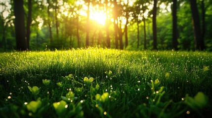 Obraz premium Morning dew rests on vibrant green grass as sunlight streams through a serene forest clearing