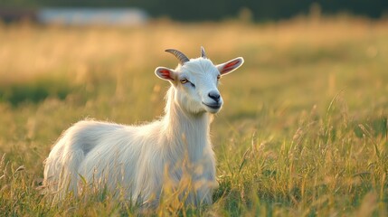 Obraz premium Side view of a female goat in a grassy meadow on a farm