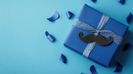 Father s Day card featuring a blue gift with wrapping and a paper mustache decoration