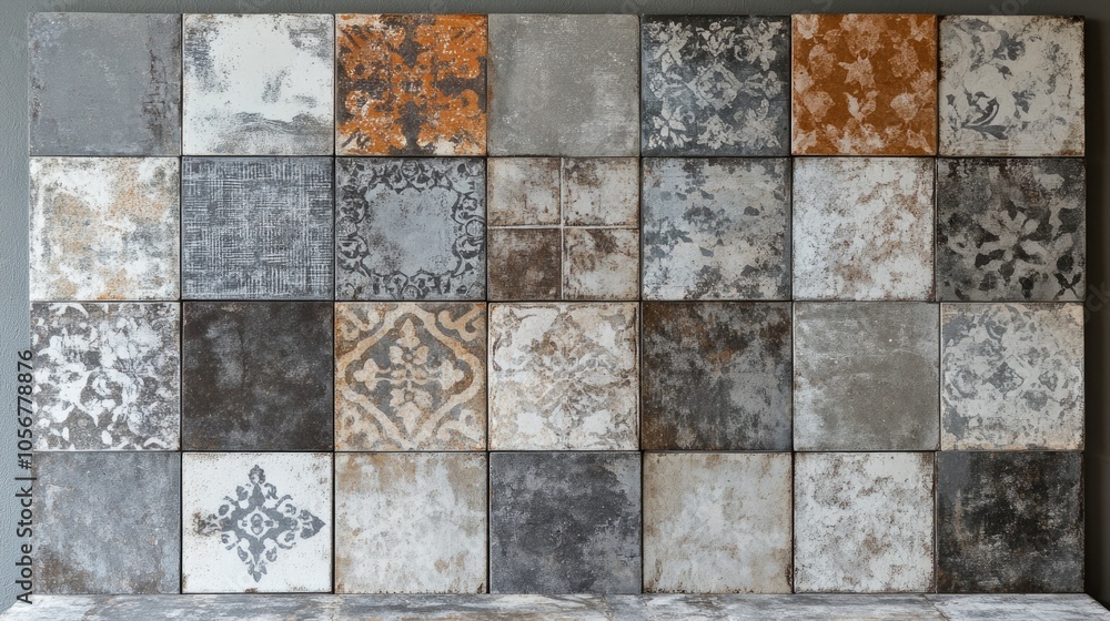Aufkleber vintage shabby patchwork tile motif featuring an old gray and brown color palette with a textured st