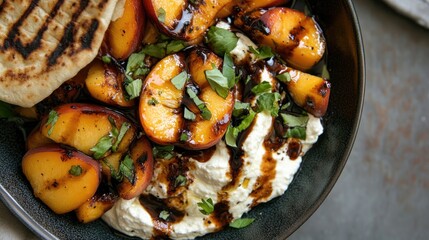 Whipped ricotta served with roasted peaches grilled pita and a drizzle of balsamic glaze