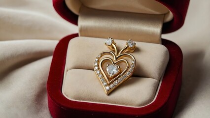 A beautiful heart-shaped necklace with diamonds, inside a red velvet box.