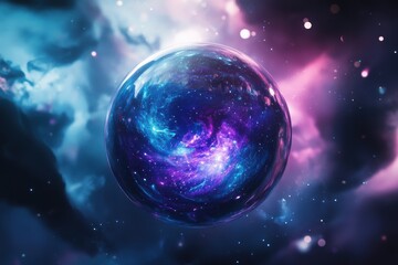 Fototapeta premium Depiction of the concept of multiple universes. Celestial realm encased in a globe. Vibrant shades of cyan and violet. Visualized in three-dimensional form