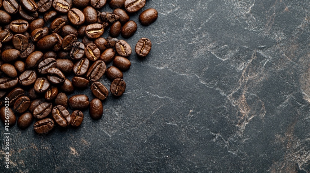Poster Close up of fresh roasted coffee beans on a dark stone surface A top view flat lay with ample space for text