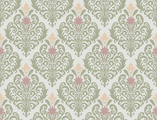 Soft pastel colored damask pattern with floral and ornamental elements on a light background. Damask seamless pattern.