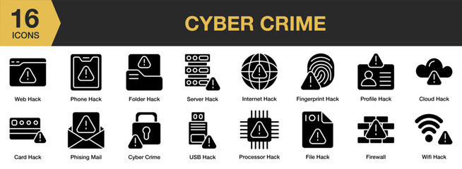 Cyber Crime solid icon set. Includes web hack, server, profile, wifi, processor, internet, and More. Solid icons vector collection. © spacepixel