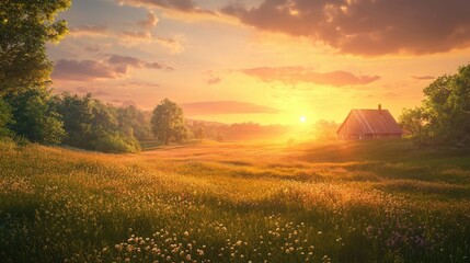 Obraz premium Tranquil evening scene featuring a stunning sunset over a lush meadow with a house in the distance