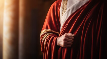 A regal figure in a flowing red robe, symbolizing power and authority in an ancient historical setting.