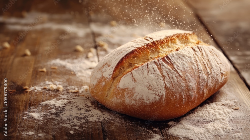 Poster artisan bread loaf resting on a rustic wooden surface surrounded by a sprinkle of flour