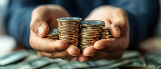 A person of diverse ethnicity holding stacks of coins and cash in their hands.
