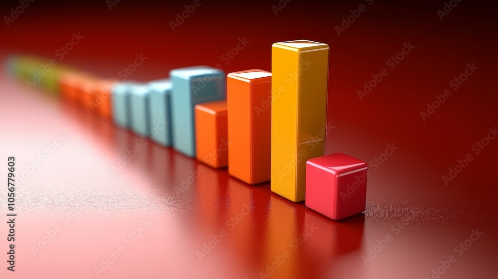 Poster colorful 3d bar graph depicting trend decline on red background