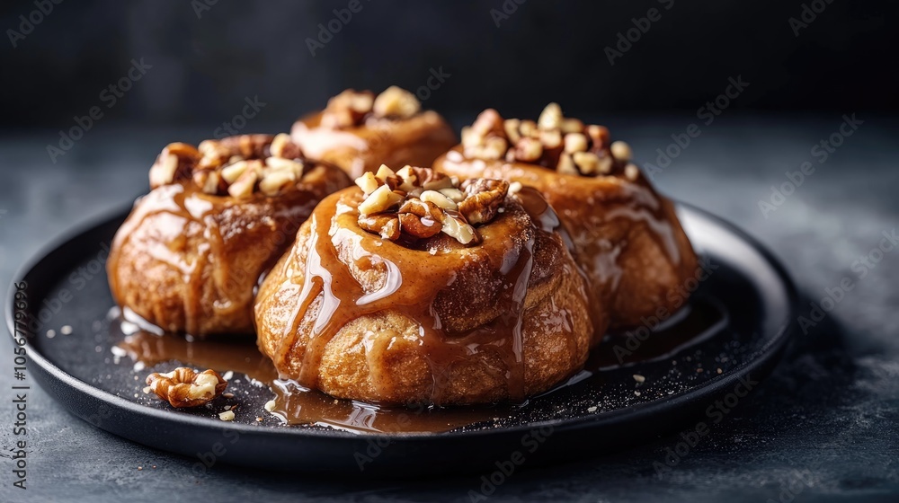 Poster cinnamon buns drizzled with glaze garnished with nuts presented on a dark plate against a contrastin