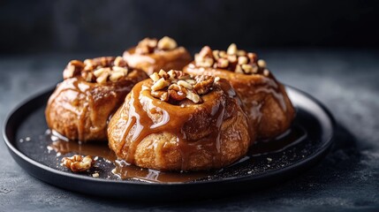 Cinnamon buns drizzled with glaze garnished with nuts presented on a dark plate against a contrasting dark background
