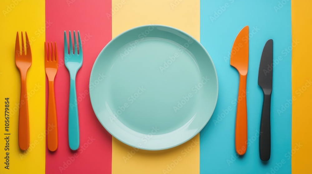 Aufkleber vibrant utensils including a knife plate and fork displayed on a colorful backdrop