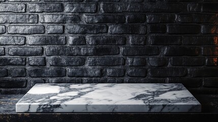 White marble tabletop against a dark brick wall ideal for showcasing products High resolution image