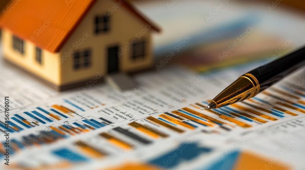 Poster miniature house model and pen on a spreadsheet with graphs