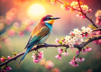 Vintage Bird on Blooming Branch - Watercolor Style Photography