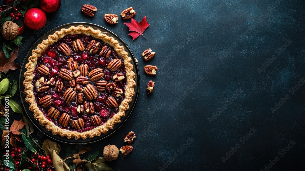 Poster Cranberry pecan pie presented on a dark surface flat lay perspective with ample copyspace autumn inspired dish suitable for festive culinary themes